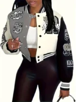 Chaqueta estilo universitario con estampado de letras para mujer