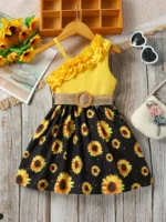 Vestido princesa con gráfico de girasol y un solo hombro