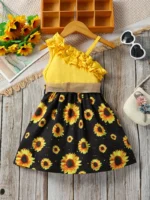 Vestido princesa con gráfico de girasol y un solo hombro - Imagen 2