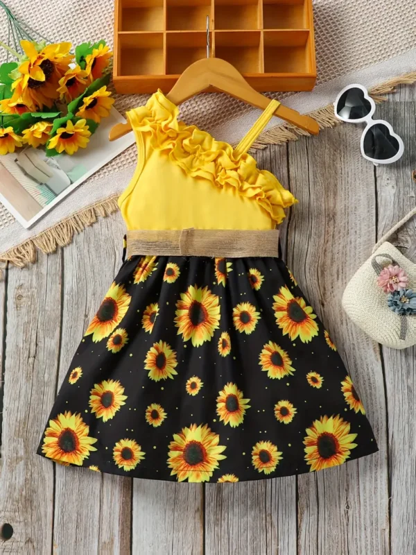 Vestido princesa con gráfico de girasol y un solo hombro - Image 2