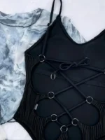 Traje de baño entero con anillos cruzados en la espalda y atado - Imagen 7