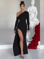 Vestido sólido con abertura en el muslo - Imagen 3