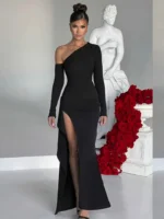 Vestido sólido con abertura en el muslo - Imagen 4