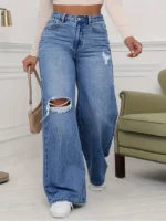 Jeans con agujeros desgarrados y pierna ancha para mujer