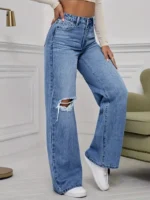 Jeans con agujeros desgarrados y pierna ancha para mujer - Imagen 4