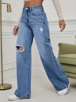 Jeans con agujeros desgarrados y pierna ancha para mujer - Imagen 5
