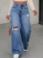 Jeans con agujeros desgarrados y pierna ancha para mujer - Imagen 7
