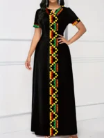 Vestido largo con estampado étnico y detalles de bloque de color