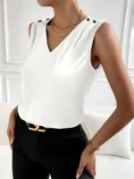 Top sin mangas elegante con botones y escote en V - Imagen 4