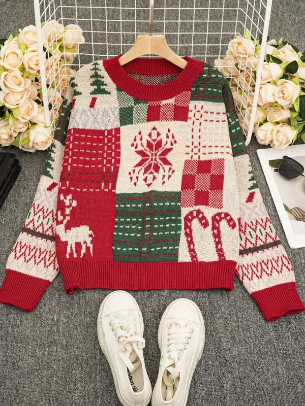 Suéter tejido con estampado navideño y cuello redondo