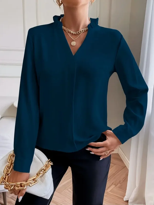 Blusa básica de cuello de pico en color sólido - Image 4