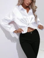 Blusa sofisticada de cuello en V en color sólido - Imagen 4