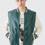 Chaqueta varsity verde lisa de cuero sintético (PU)