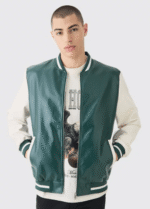Chaqueta varsity verde lisa de cuero sintético (PU)