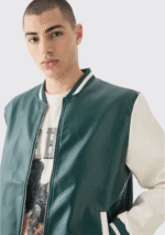 Chaqueta varsity verde lisa de cuero sintético (PU) - Imagen 3
